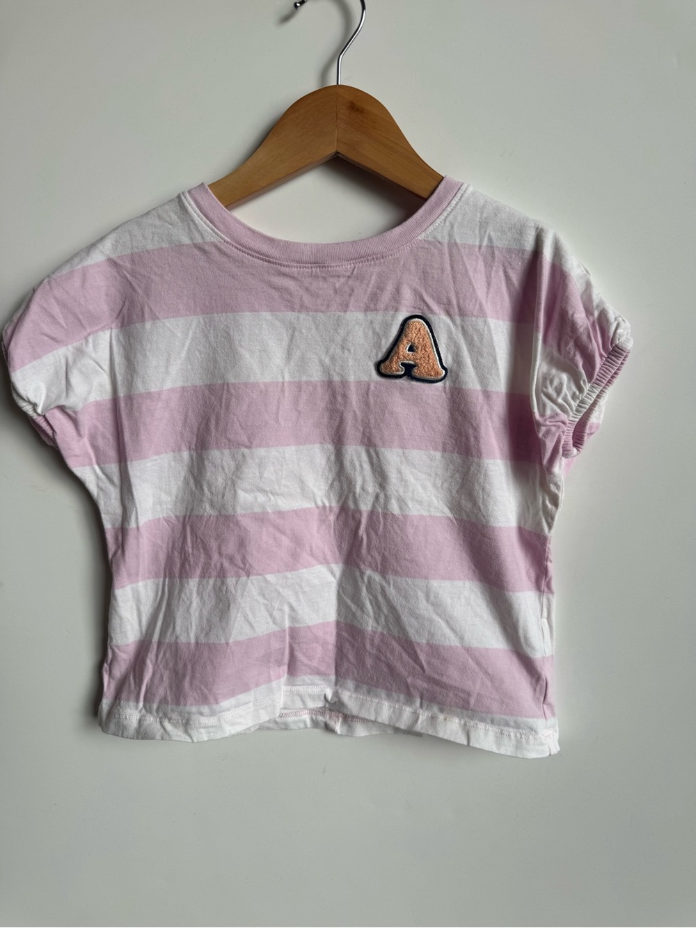 Girls dip Pink & White Striped Short Sleeve Tee with 'A' Patch